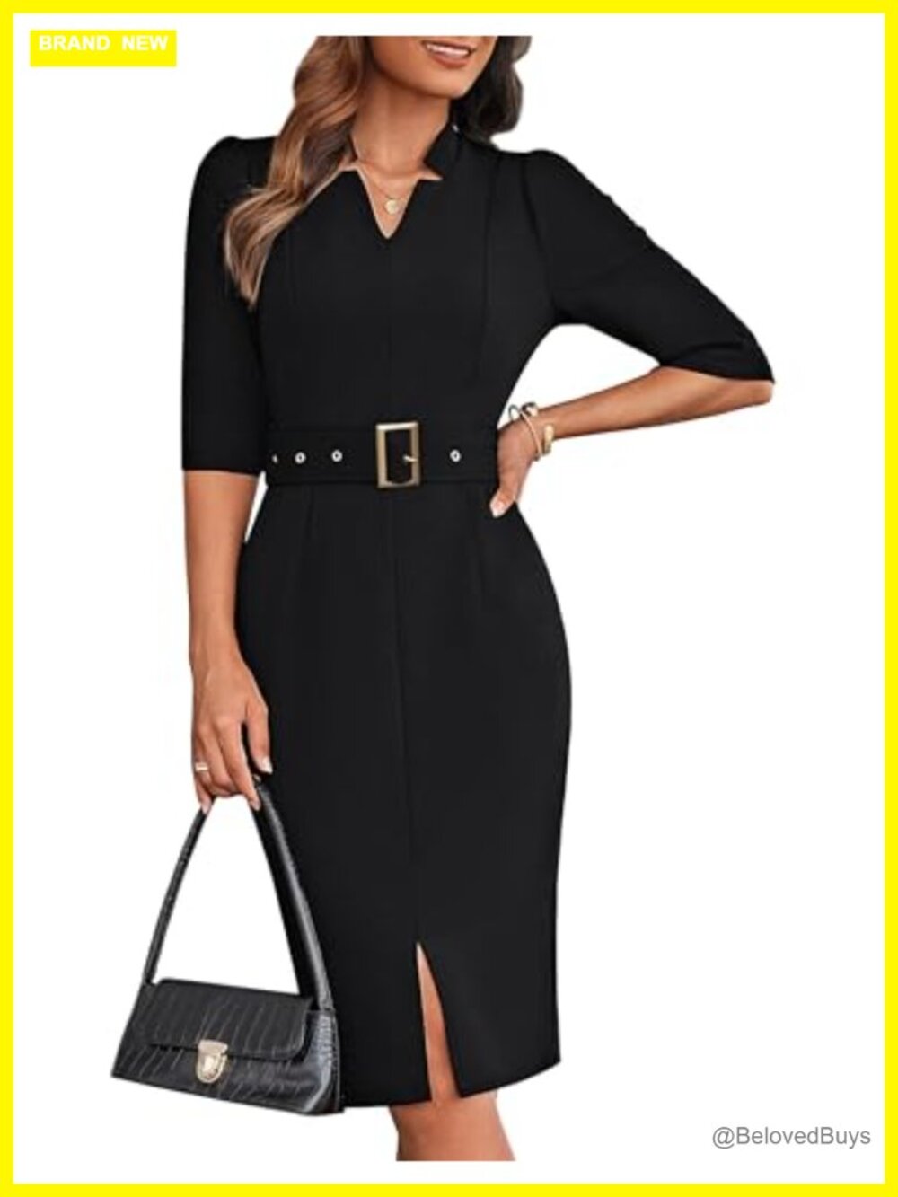 Work Dress 3/4 Sleeve V Neck Bodycon Sheath with Belt